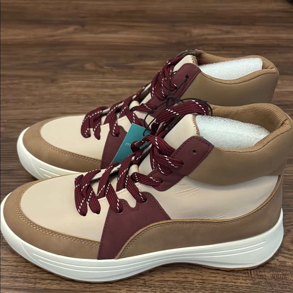Tan and Red High-Top Sneakers with Suede Upper